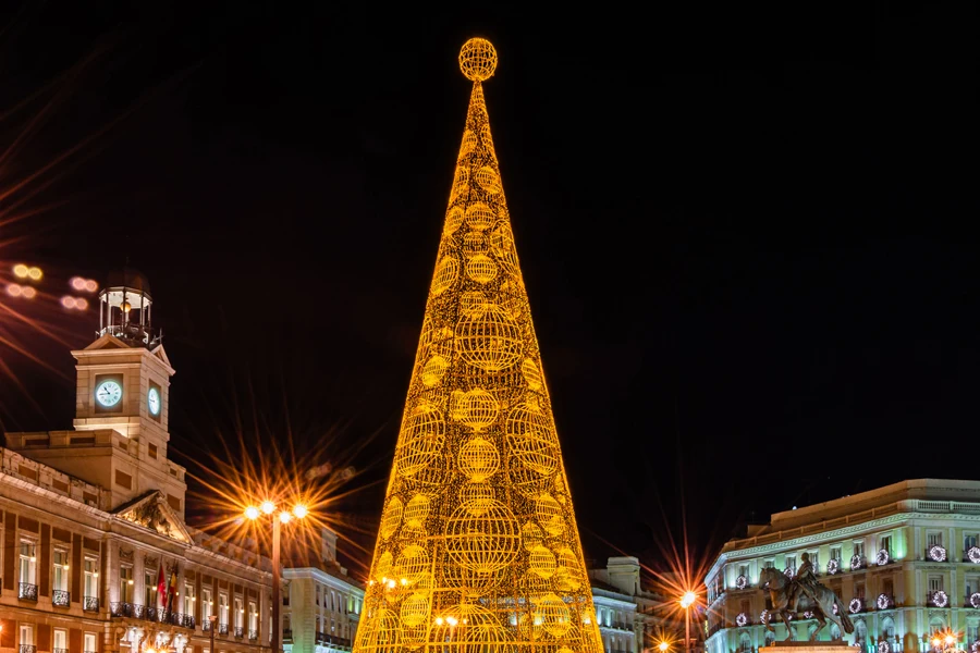 Night view of smart LED Christmas tree and light display