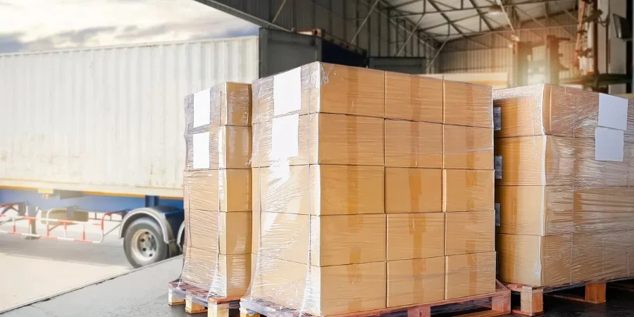 Packaging Boxes Wrapped Plastic on Pallets Loading into Cargo Container