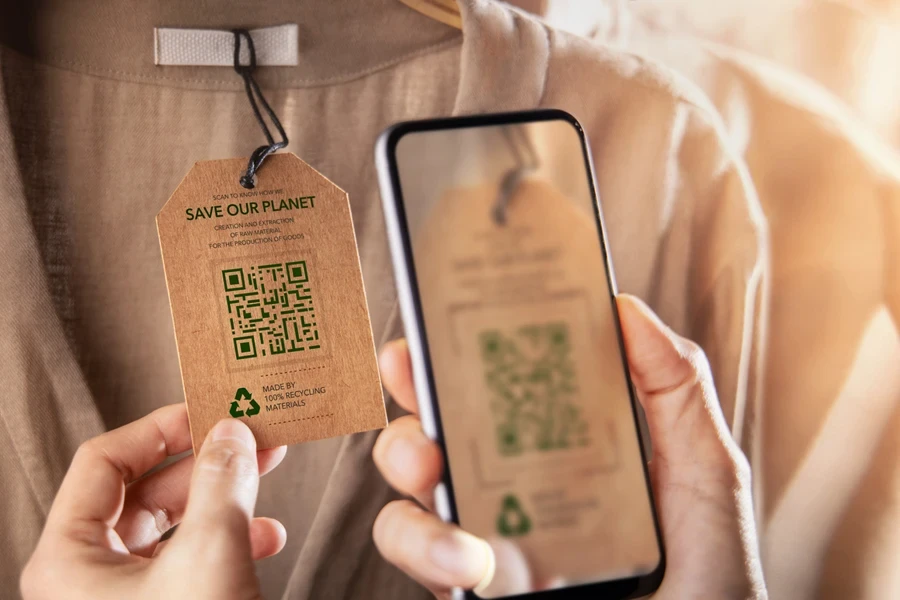 Person scanning a tag with an eco-friendly QR code