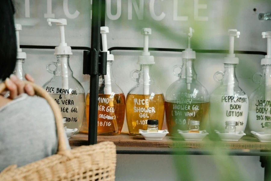 Plastic Bottles with Liquid on Shelf