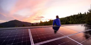 Rooftop with solar panels on house in mountains