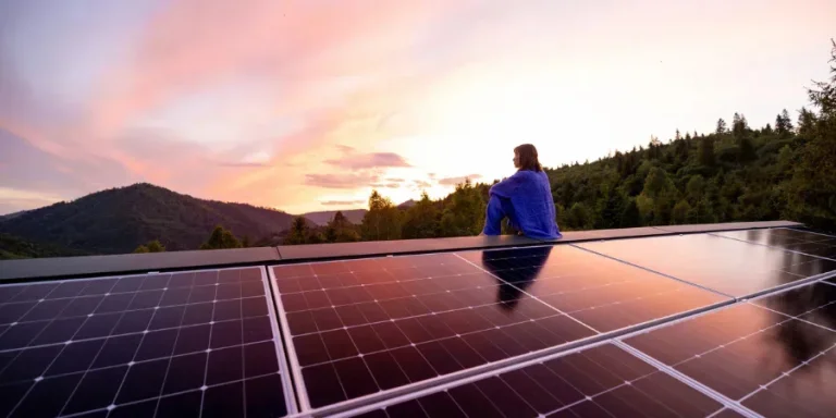 Крыша с солнечными панелями на доме в горах