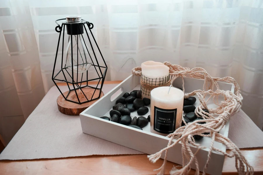 Scented Candles on White Wooden Tray