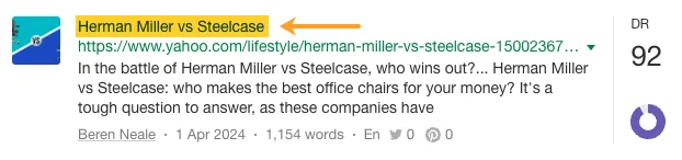 Screenshot highlighting a review of herman miller vs steelcase from Yahoo