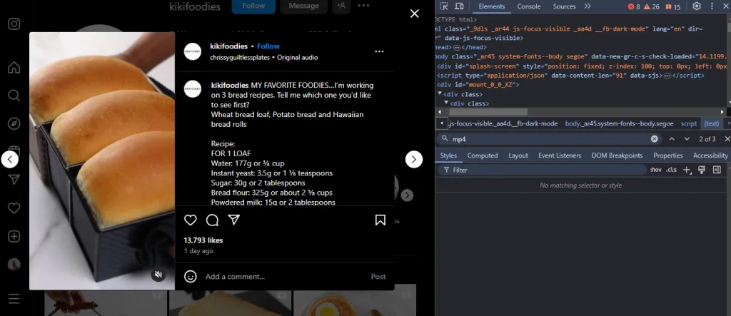 Screenshot of an Instagram post with source code