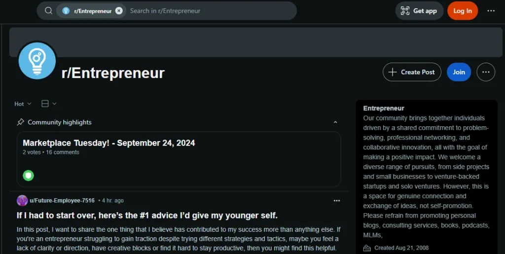 Screenshot of the rEntrepreneur subreddit