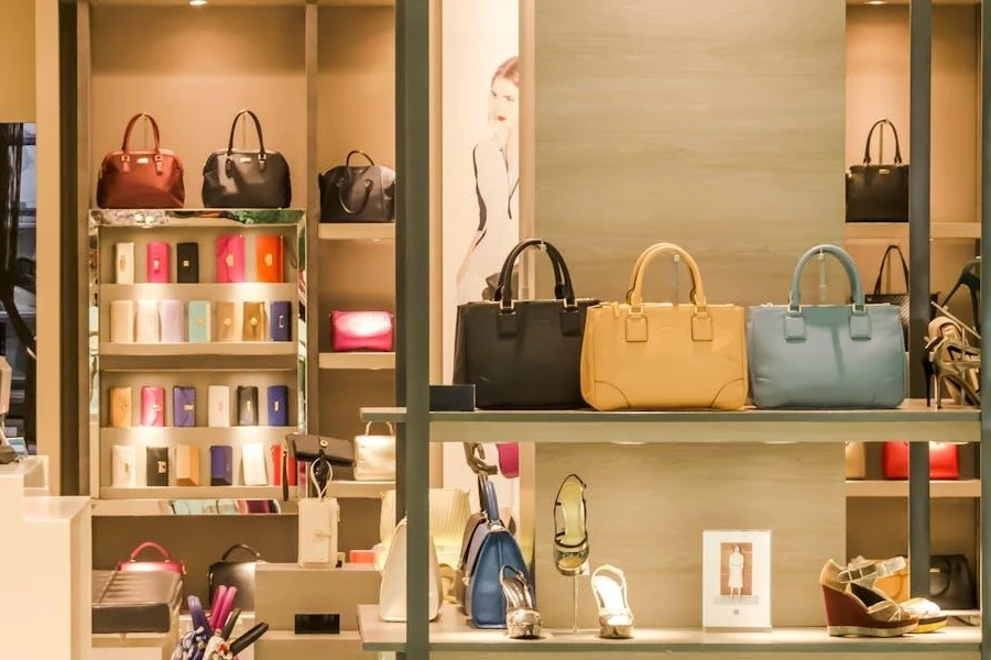 Shoes, ladies handbags and purses on display in a shop