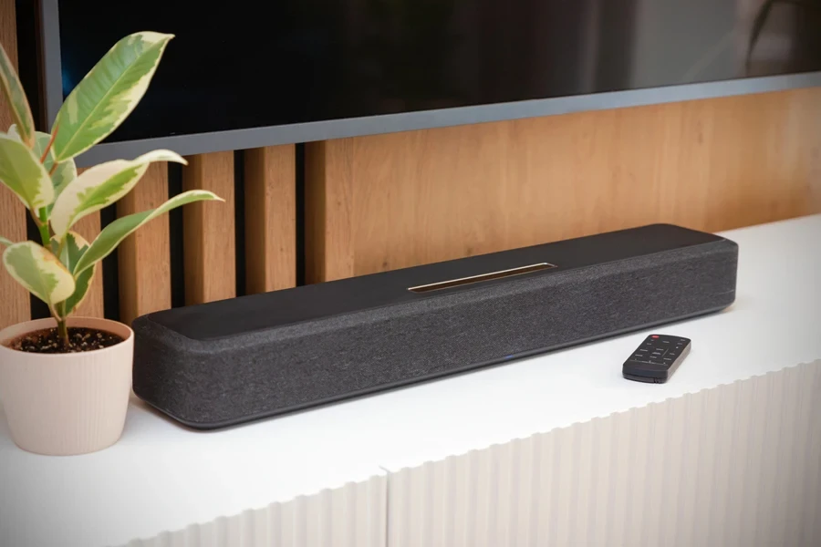 Soundbar in a modern home. Listening to music