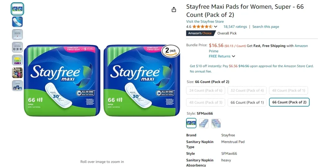 Stayfree Maxi Pads for Women, Super Absorbency - 66 Count