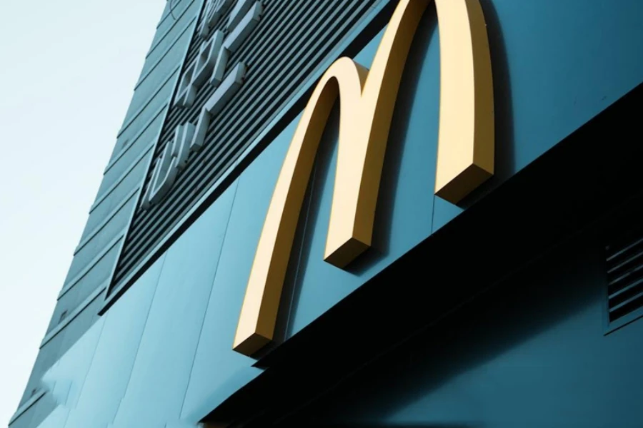 The MacDonald brand icon written on a building