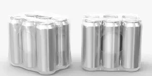 Tin cans for beer or soda in plastic wrap