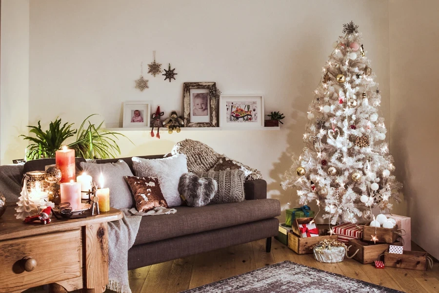 Traditional Danish decorations on a white Christmas tree