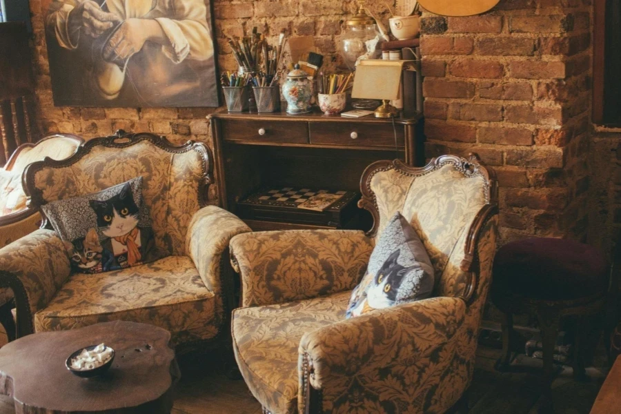 Two Brown Armchairs Near Brown Wooden Cabinet