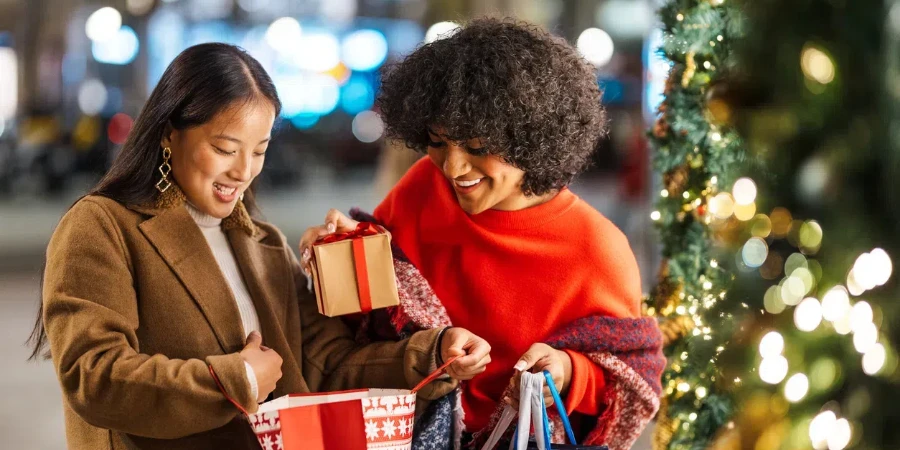 Two female friends are enjoying the christmas spirit