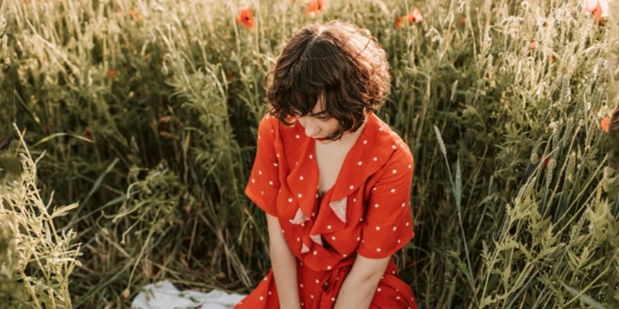 Woman Wearing a Red Polka Dot Dress