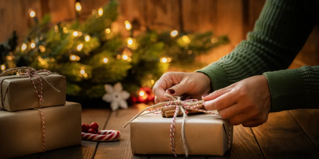 Woman arranging Christmas presents under a tree