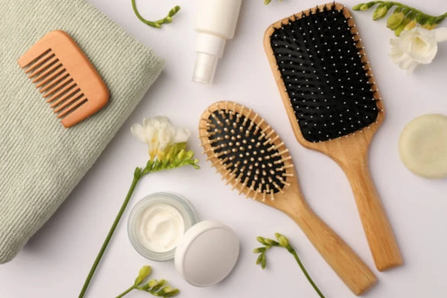 Wooden Hairbrushes and Different Cosmetic Products