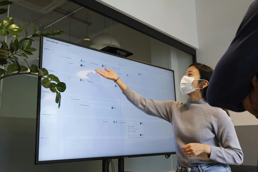 Working from WeWork in a post Coronavirus environment. Roadmap planning session with protection mask