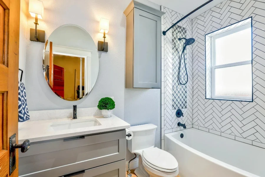 A modern bathroom with white tiles