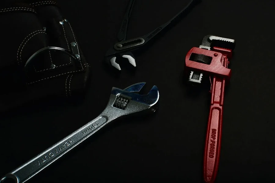 Close-up of wrench and tools