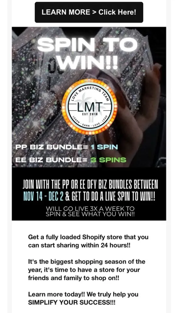 example of a spin to win email