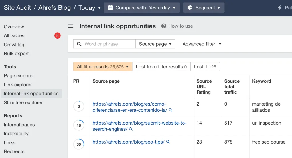 internal link opportunities report in ahrefs