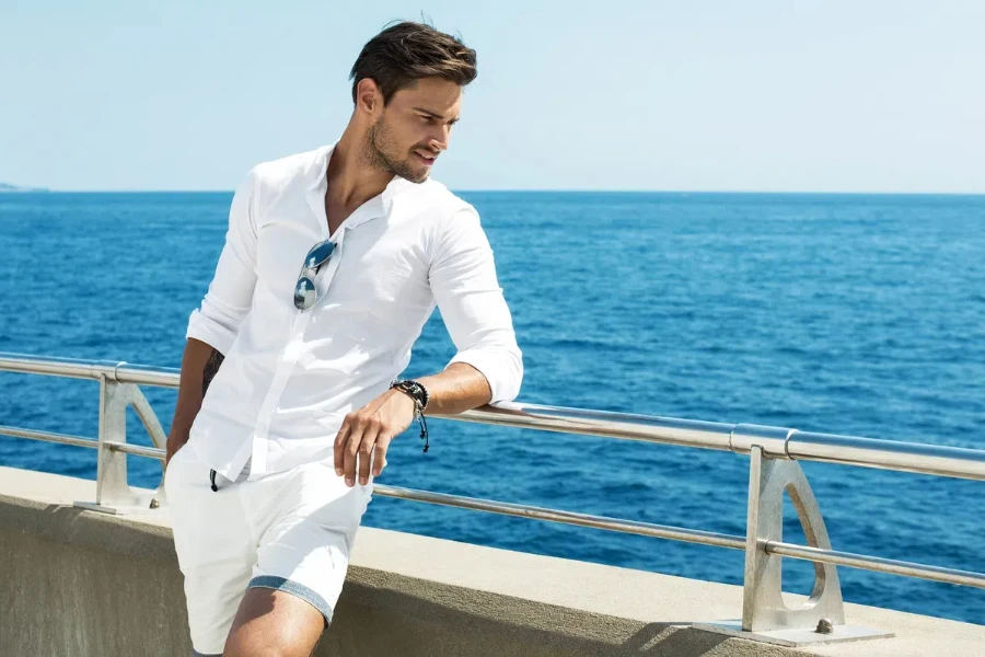 Italian Riviera vibe in stylish shirt and swim shorts