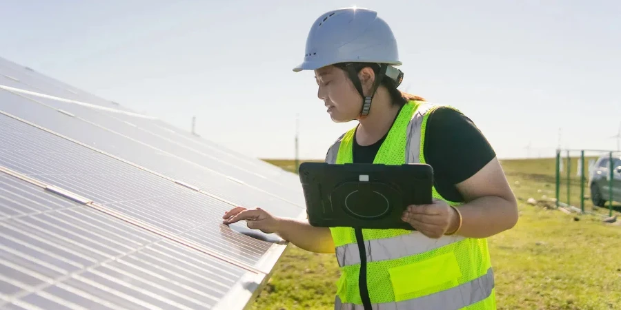 person working in solar power station in lawn