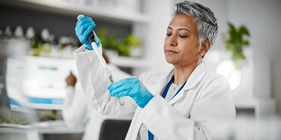 test tube and science woman with research