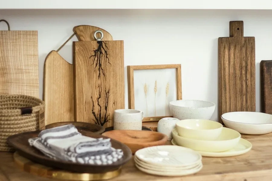 Wooden cutting boards and a kitchen towel