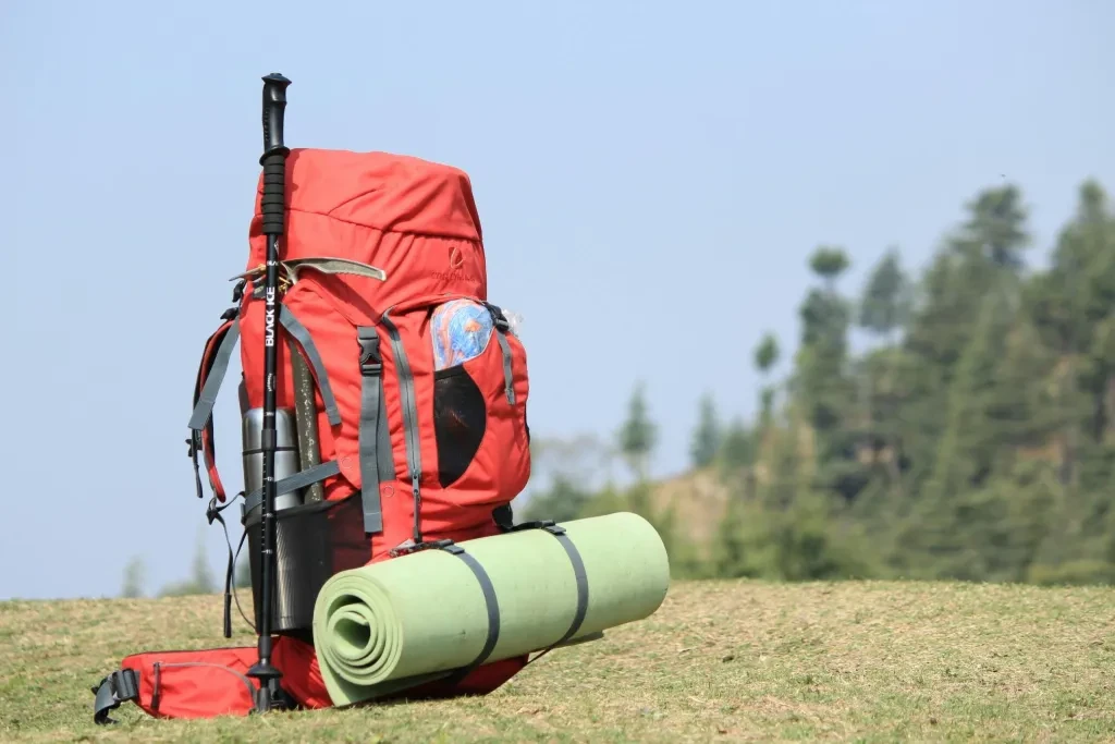 Red backpack with hiking pole and mat on grassy field with forest background