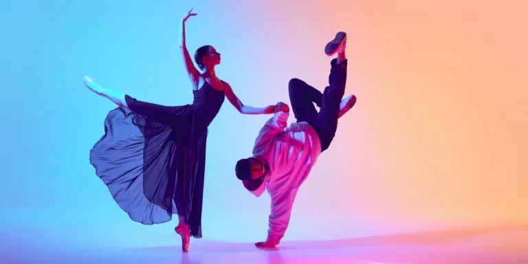 A ballerina and street dancer on stage