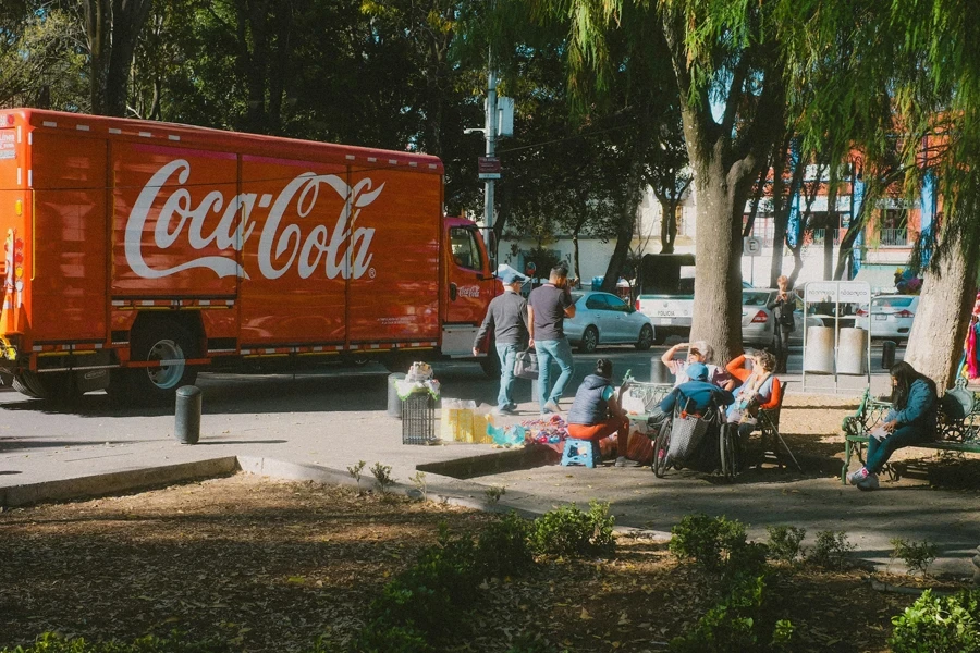 A coke truck driving in Coyoacan, Mexico City