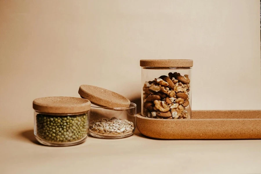 A group of glass jars with lids