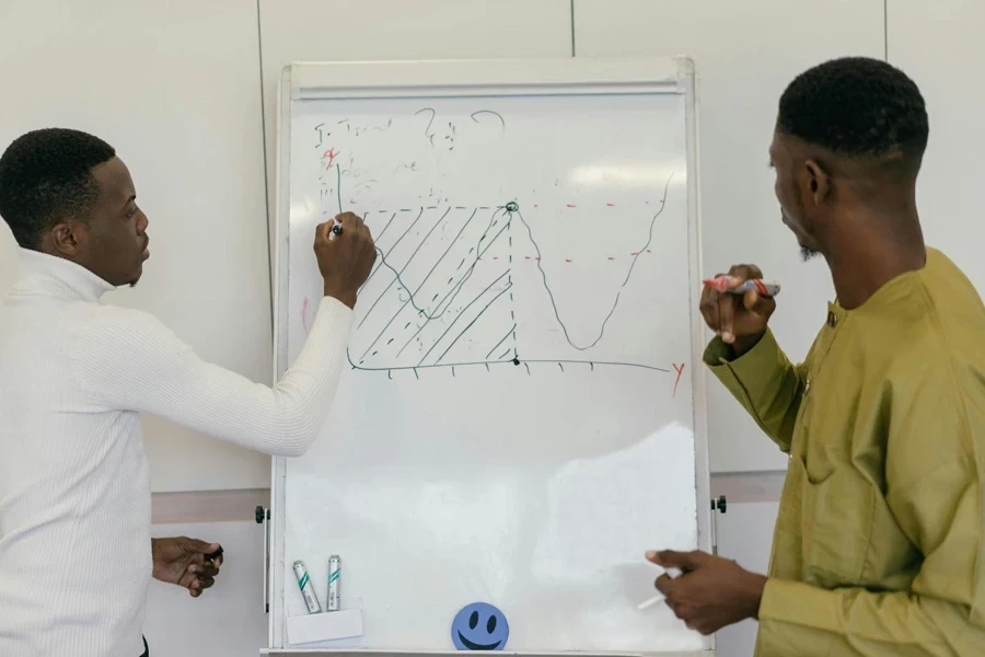 A group of people writing on a whiteboard