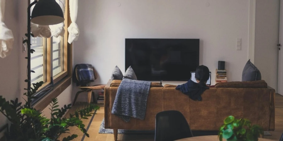 A room with a television and a table