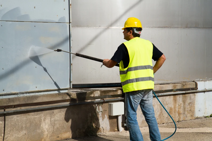 A worker cleaning a wall with dry ice washing