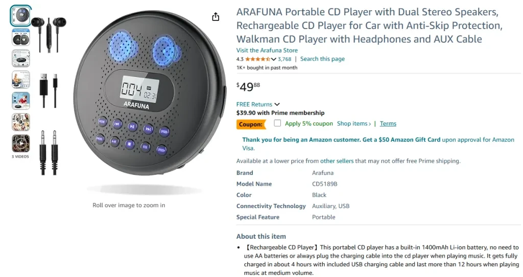 ARAFUNA Portable CD Player with Dual Stereo Speakers