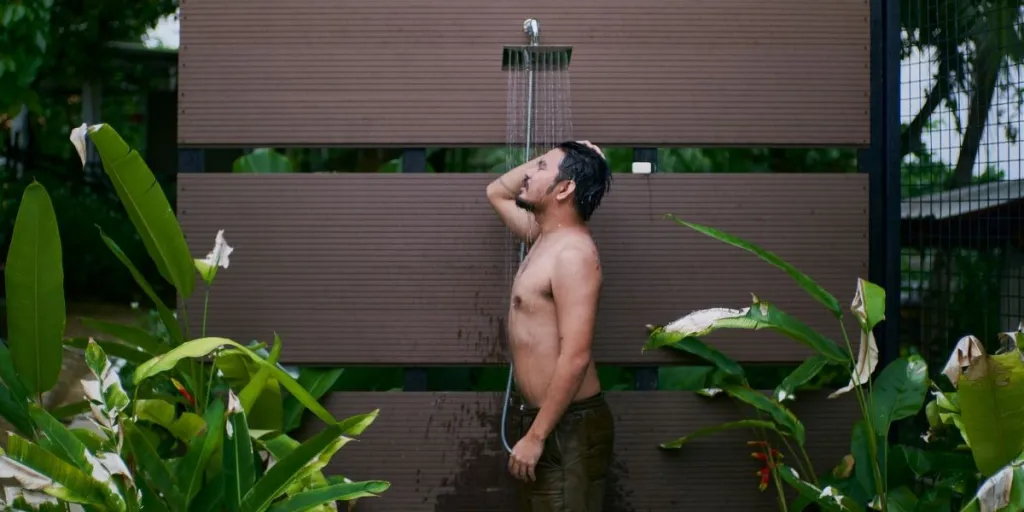 An outdoor shower on a terrace