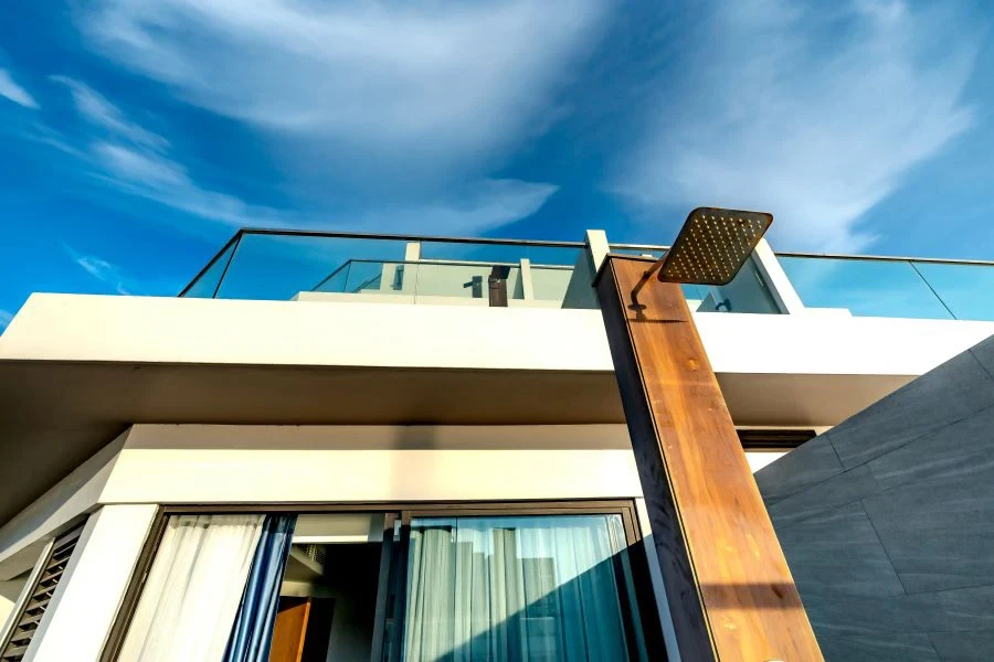 An outdoor shower on a terrace