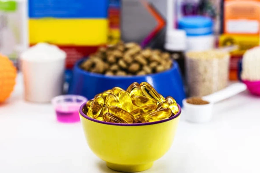 Bowl with Omega 3 Capsules and Pet Food