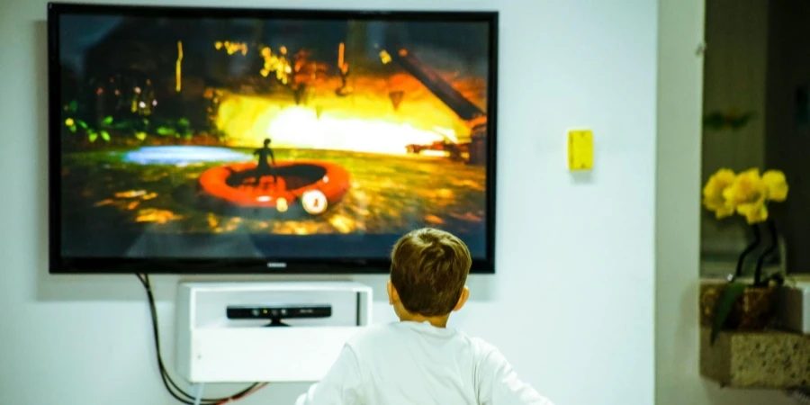 Boy Standing In Front Of Flat Screen Tv