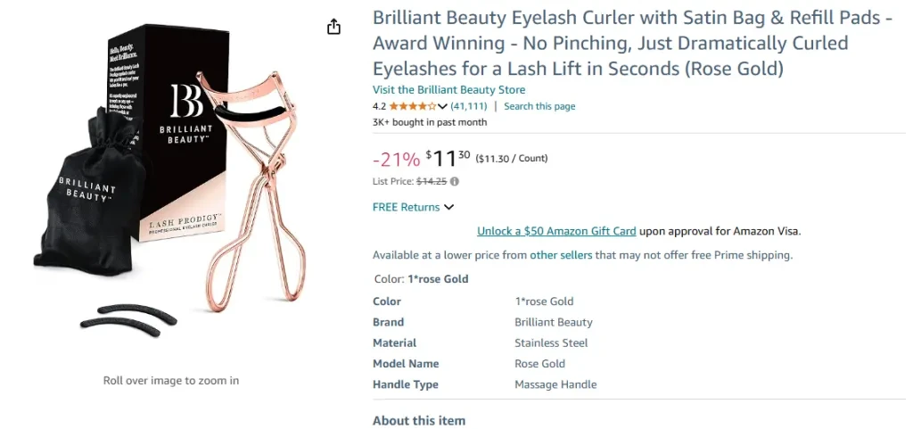 Brilliant Beauty Eyelash Curler with Satin Bag and Refill Pads