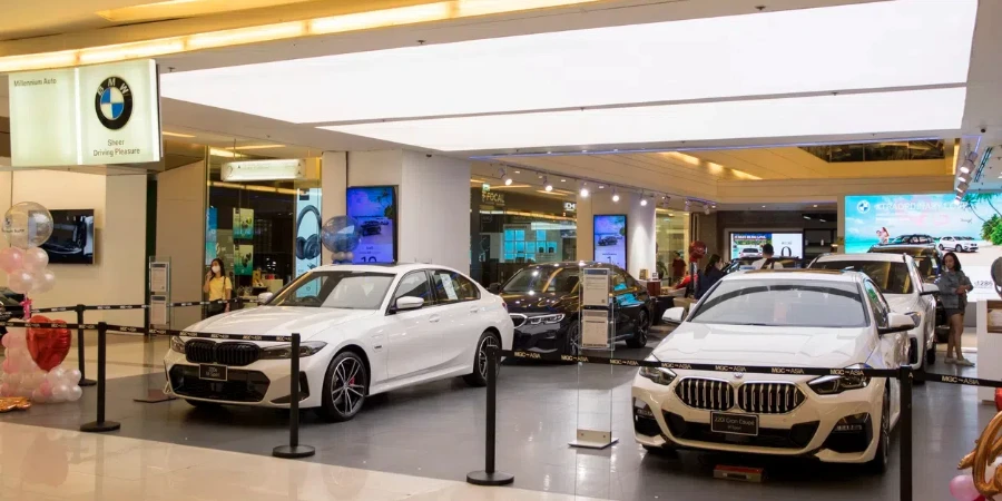 Cars in showroom of dealership BMW