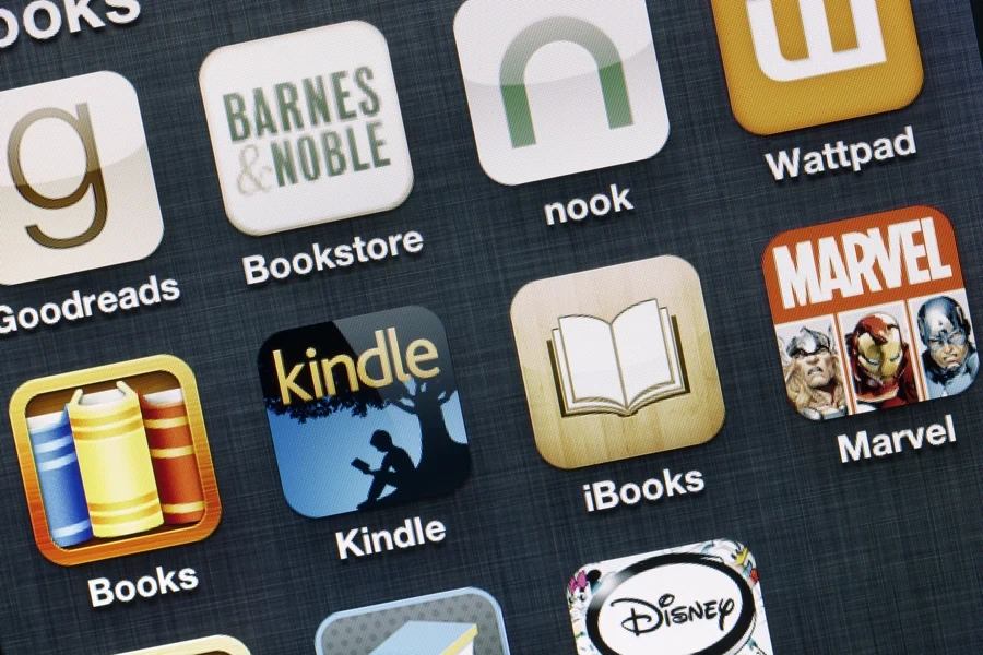 Close-up of phone apps showing Nook and Kindle