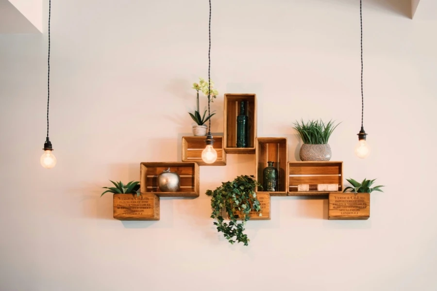 Contemporary wooden shelves with plants and decor, illuminated by hanging lights