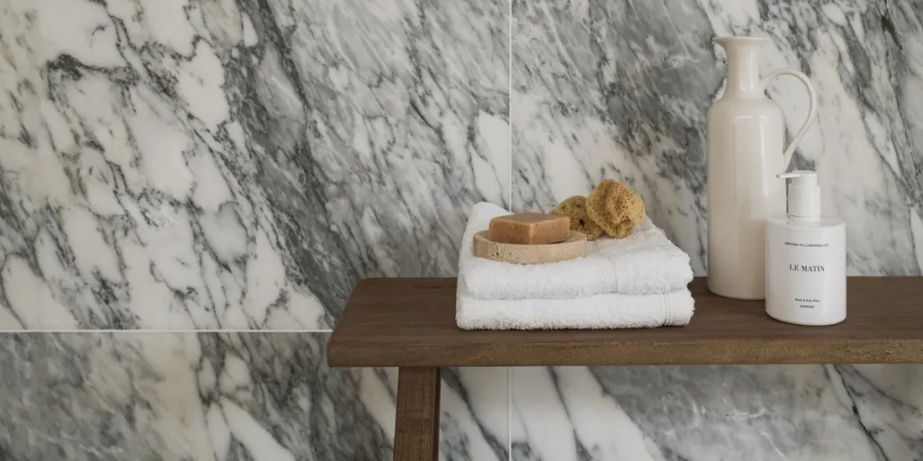 Dark wood shower bench against marble tile wall