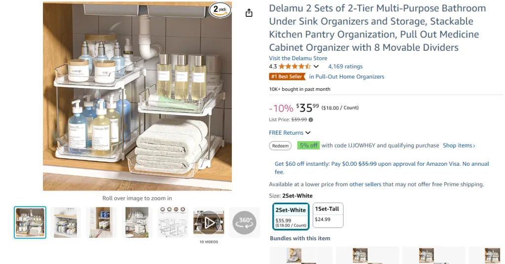 Delamu 2 Sets of 2-Tier Multi-Purpose Bathroom Under Sink Organizers and Storage