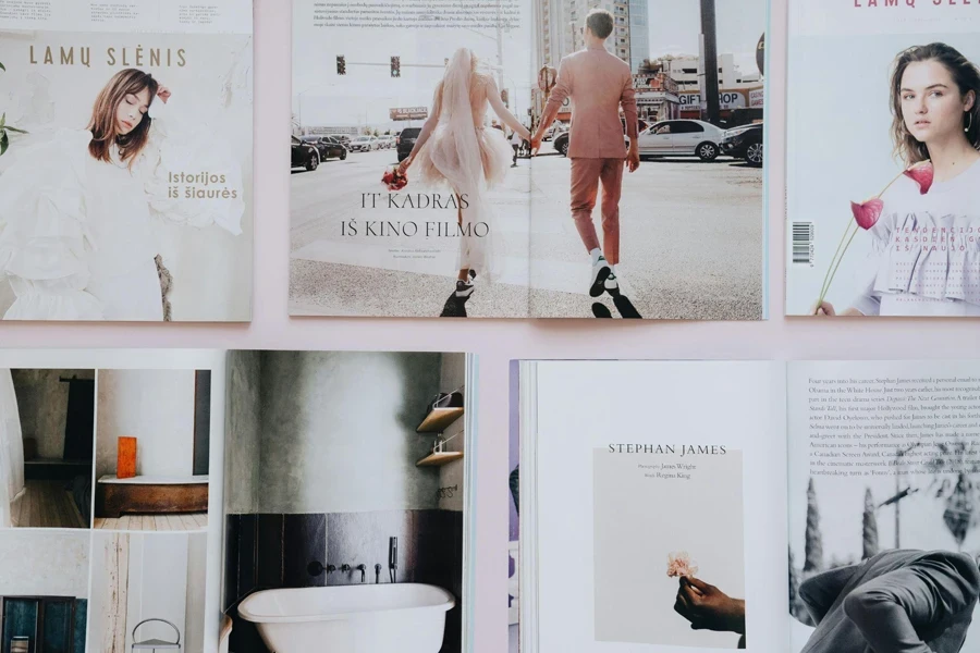 Different pages of open magazines