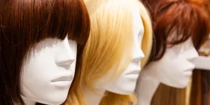 Diferentes longitudes de pelucas en cabezas de maniquí.